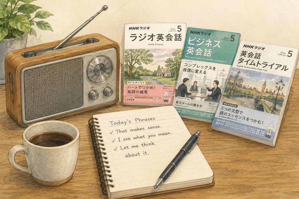 ラジオの英語講座を楽しそうに聞いて勉強しているイラスト