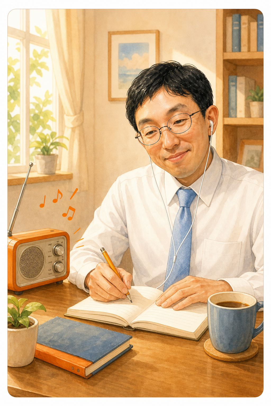 ラジオの英語講座を楽しそうに聞いて勉強しているイラスト