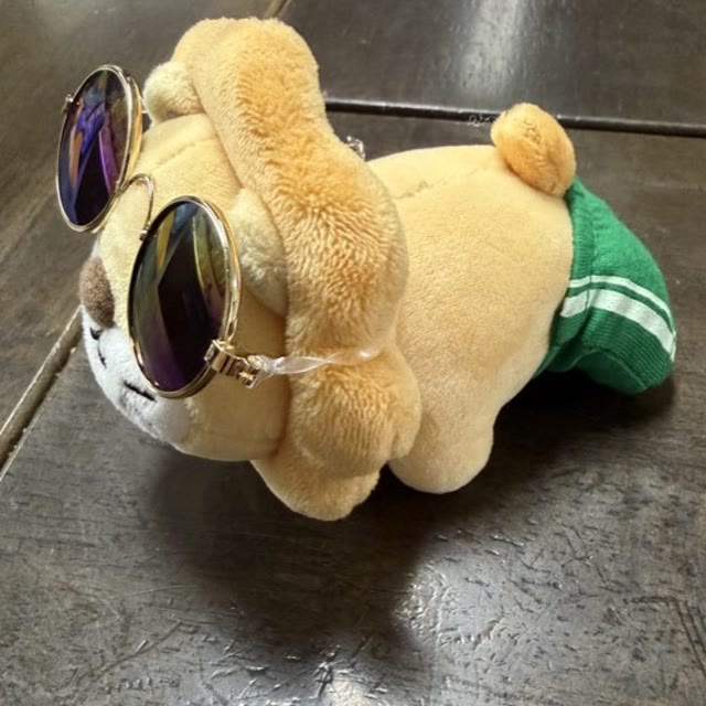 グラサンとパンツをつけた学長ライオンのぬいぐるみ